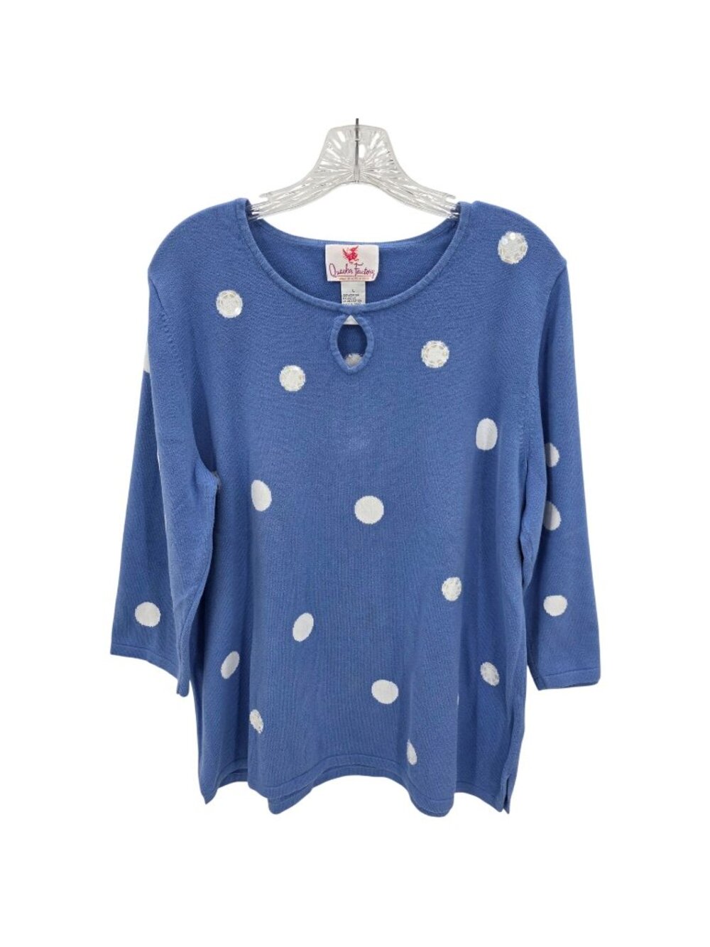 Quacker Factory Sweater Womens L Blue Polka Dot Sequin Keyhole Tunic Knit Top